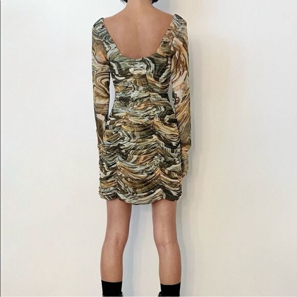 Zara Sheath Dress Marbled Ruched Draped Tulle Mini Khaki Green Orange Small - Picture 7 of 16